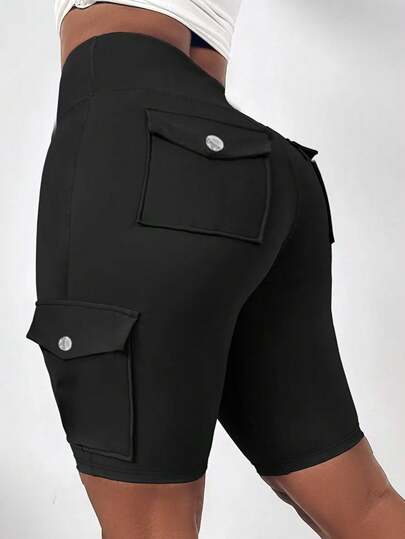 SHEIN LUNE Plus Size High Waist Foldover Cargo Running Shorts With Pockets For Tummy Control & Butt Lifting