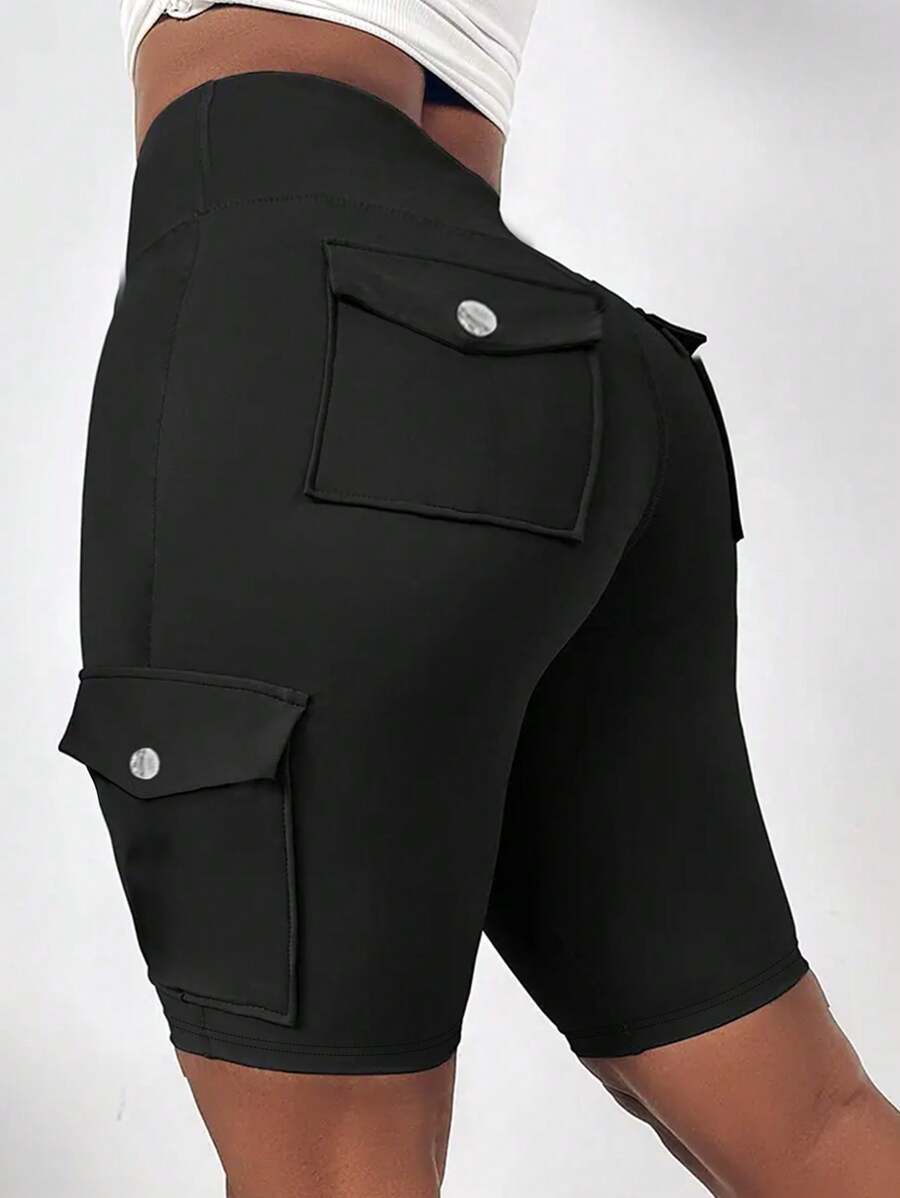 SHEIN LUNE 加大码高腰折叠工装跑步短裤，带口袋，可收腹提臀 - 黑色 - 查看 1