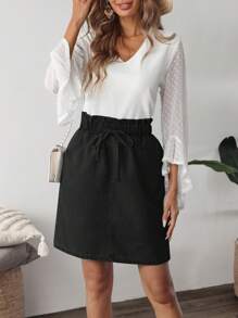 EMERY ROSE Women's Casual Solid Color Paper Bag Waist Denim Skirt - Black - View 3