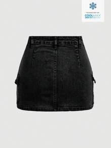 SHEIN MOD Women's Casual Distressed Denim A-Line Cargo Skirt - Black - View 2