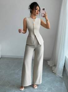 SHEIN PETITE Women's Elegant Metal Flower Decor 2pcs Casual Commuter Outfit