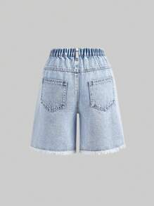 SHEIN NEUE Tween Mädchen Mode Zerrissene Locker Sitzende Knielanges Hose, Leichter Weicher Gewaschener Denim Stoff, Bequem & Vielseitig, Perfekt für Alltägliche Ausflüge, Frühling/Sommer, Schule, Campus, Uni - Helle Waschung - Übersicht 2
