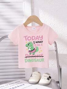 GraphicGems Baby Girls' Pink Skirt With Green Dinosaur Print Casual Round Neck Short Sleeve T-Shirt, Summer - Pink - View 3