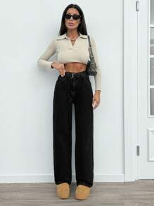 EURMUSE Women's Straight Leg Loose Casual Pocketed Jeans, Versatile - Black - View 3