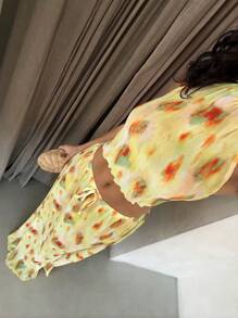 Glamine 春夏性感度假褶皱渐变抽象印花透视挂脖露背吊带背心和长裙女士两件套 - 彩色 - 查看 3