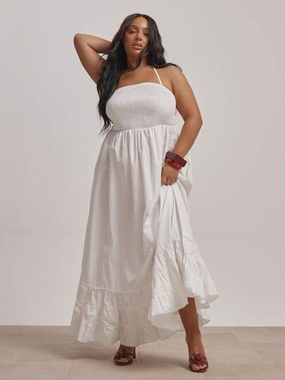 MUSERA 加大码露背褶皱胸部层叠长款连衣裙，毕业季性感可爱优雅度假飘逸百搭长裙，夏季