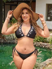 Swim Mod 2pcs/Set Plus Size Women Embroidered Fashion Casual Vacation Halter Wireless Triangle Cup Tie Strap Swimsuit For Summer - Black - View 6