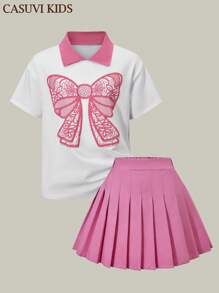 SHEIN 2pcs/Set Tween Girls Bow Pattern Short Sleeve Polo Shirt & White Pleated Mini Skirt, Summer New Arrival - White - View 5