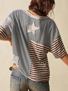 Bohemela Knit Striped Patchwork Loose Fitting Women Short Sleeve T-Shirt