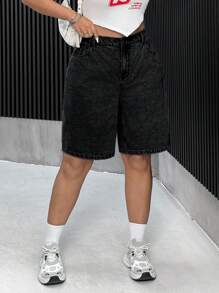 SHEIN ICON Plus Size Solid Color Denim Shorts, Minimalist Fashion Suitable For Summer - Dark Grey - View 3