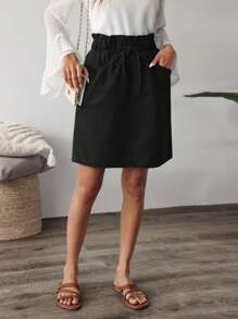 EMERY ROSE Women's Casual Solid Color Paper Bag Waist Denim Skirt - Black - View 4