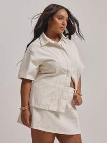 MUSERA 加大码短袖翻领缝线细节牛仔衬衫，仅限毕业季穿着，性感可爱优雅，适合假日、街头风、返校季等场合。 - 奶油色 - 查看 2