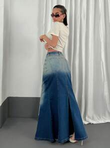 EURMUSE Jupe longue en jean taille haute, à la mode pour les tenues d'été des femmes, tenues d'invitées de mariage, tenues de travail pour femmes, tenues décontractées d'anniversaire pour femmes, vêtements d'été pour femmes - Jean bleu - Voir 2