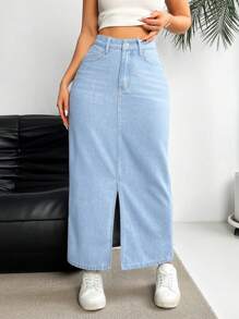 SHEIN Essnce Falda vaquera casual larga con bolsillos y dobladillo con abertura para mujeres
