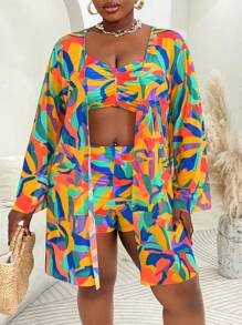 Slaydiva 3pcs/Set Plus Size Women Swimwear Set, Random Floral Print Cover Up, Casual Beach Outfit For Summer - Multicolor - View 3