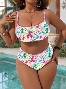 Swim Mod 2pcs/Set Plus Size Women's Cute Ditsy Floral Tie-Front Tankini Swimsuit Set - Multicolor - View 6