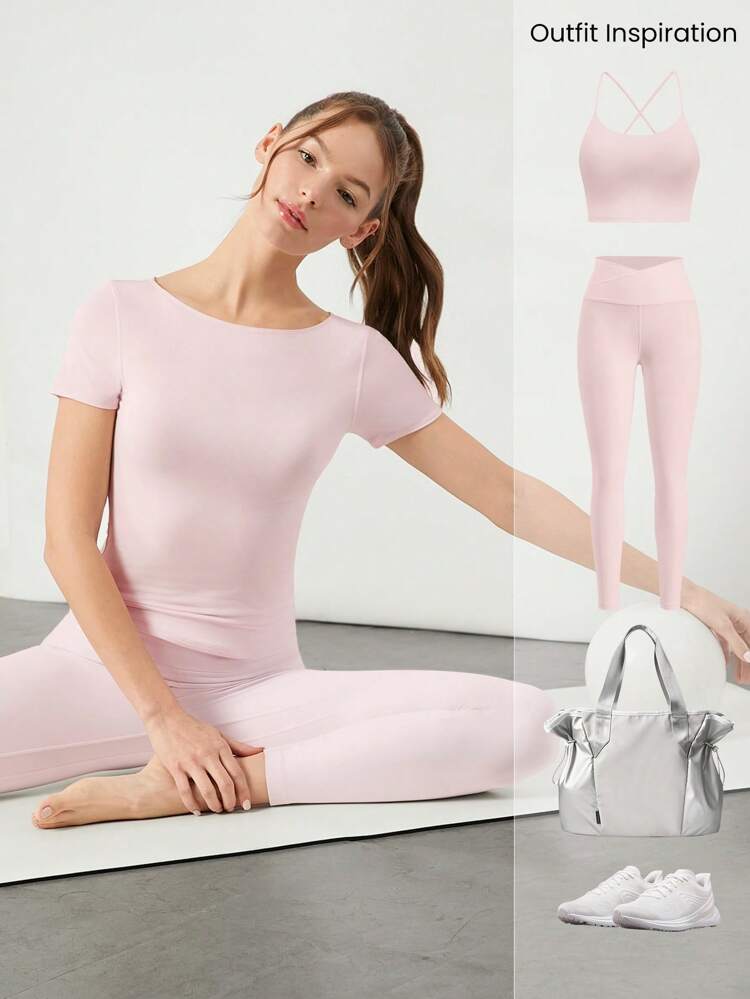 TENCEL™ Modal Jedwabisty Gładki Wiązany Tył Łódka Dekolt Krótki Rękaw Aktywny T-shirt Codzienny Casualowy Ubiór
