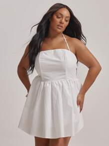 MUSERA Plus Halterneck Buckle White,Summer,Cute,Holiday,Party Elegant Fitted Bodice Mini Dress Graduation Flowy Versatile Bridal Hen Do Bachelorette - White - View 2