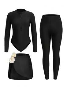Swim Mulvari Middle Eastern Style Elegant Romantic Floral Decor Long Sleeve Full Coverage 3 PiecesBurkini Set, Including Long Dress And Pants