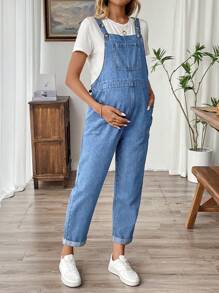 SHEIN Peto vaquero azul de maternidad con dobladillo enrollado, mono de moda para el verano