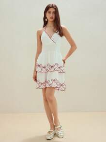 MOTF STUDIO VESTIDO CORTO CON ESTAMPADO DE MOÑO Y CUELLO DE HALTER - Blanco - Ver 5