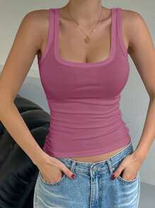 DAZY Camiseta de tirantes anudados de unicolor para mujer, minimalista y de moda - Rosa Fucsia - Ver 4