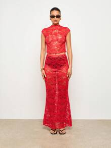 AiiRZ Áo crop top ren hoa cổ bẻ tay lửng mỏng manh gợi cảm dành cho nữ dự tiệc tối dịp lễ hội trang phục câu lạc bộ mùa hè xuân áo - Đỏ - Xem 3