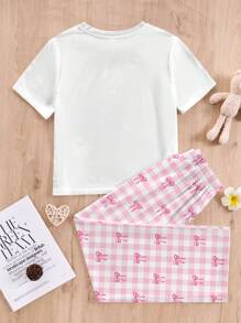 SHEIN Leap Crew Tween Girls Bow Decor Crew Neck Short Sleeve T-Shirt And Plaid Pattern Straight Leg Loose Pajama Pants 2pcs Sleepwear Set, Casual Homewear - Multicolor - View 3