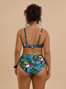 Travachic Plus Size Tropical Print Twist Front Bikini Top: Green Knitted Fabric, Spaghetti Strap, Sleeveless, Casual Style For Summer