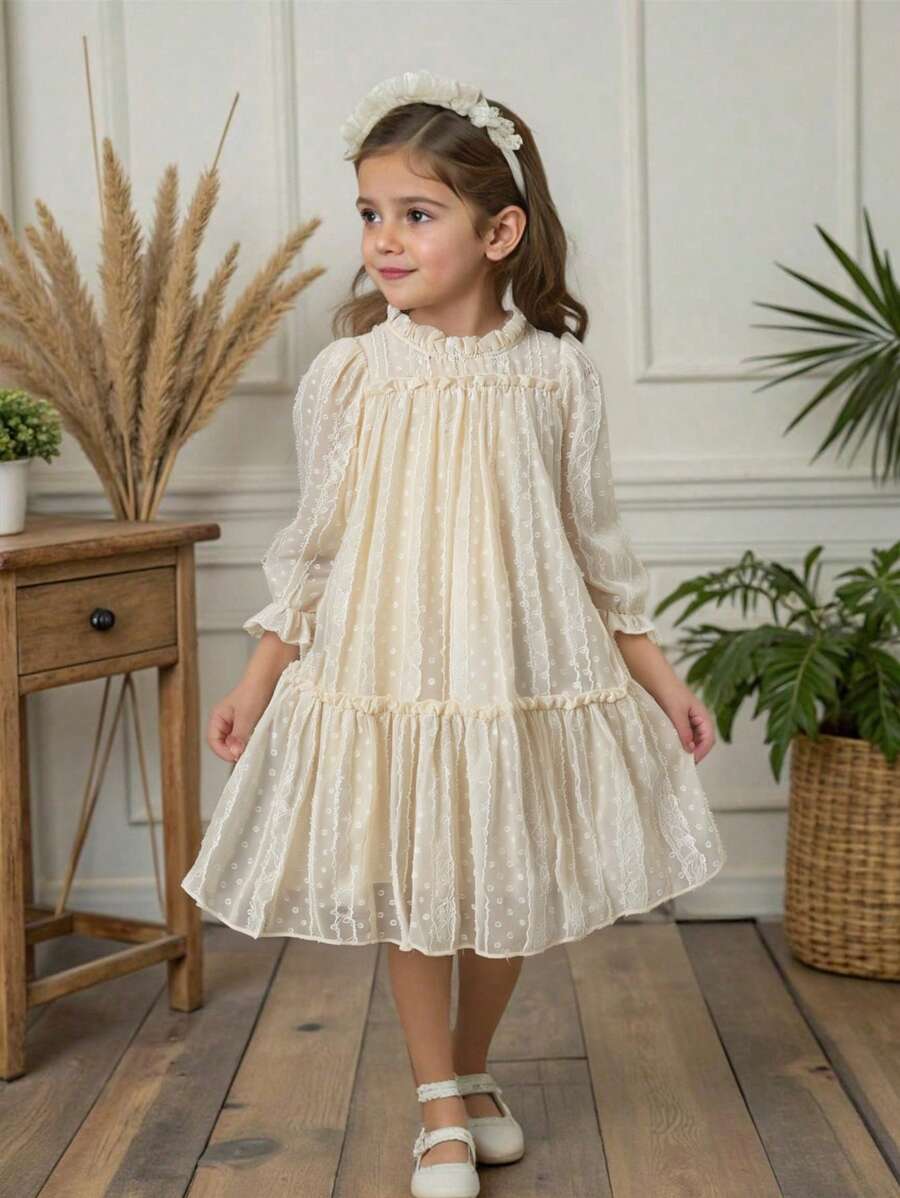 SHEIN Vintaside Kids 女孩优雅公主荷叶边领泡泡长袖提花刺绣双层荷叶边下摆宽松公主裙，适合度假、旅行、派对、礼物、春秋