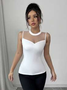 Camiseta de tirantes de mujer elegante con parches de malla transparente
