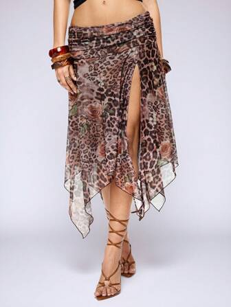 ROMWE Avant Minifalda sexy con abertura alta y dobladillo asimétrico con estampado floral y de leopardo elegante para el festival de música de Miami para mujeres