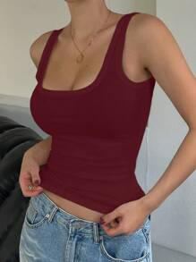 DAZY Women's Solid Color Round Neck Ribbed Casual Fitted Tank Top Preppy Tops - Burgundy - View 4