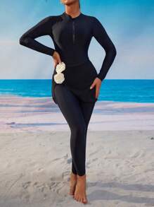 Swim Mulvari Middle Eastern Style Elegant Romantic Floral Decor Long Sleeve Full Coverage 3 PiecesBurkini Set, Including Long Dress And Pants
