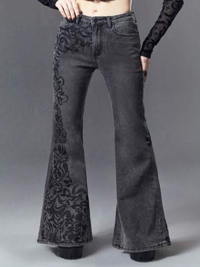 Goth Plus Size Gothic Vintage Floral Print Slim Fit Stretchy Flared Jeans