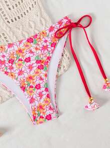 SHEIN Swim 2pcs Ditsy Floral Sexy Bikini Set With Underwire Padded Top And Ruffled Boyshorts, Includes Gold Tassel Side-Tie Bottom For Summer Beach Vacation - Chocolate Brown - View 5