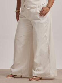 MUSERA Plus Mid Rise Relaxed Fit Wide Leg Jeans Only Spring Summer Vacation Graduation Sexy Cute Elegant Beach Holiday Party - Cream - View 3