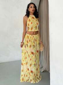 Glamine 春夏性感度假褶皱渐变抽象印花透视挂脖露背吊带背心和长裙女士两件套 - 彩色 - 查看 5