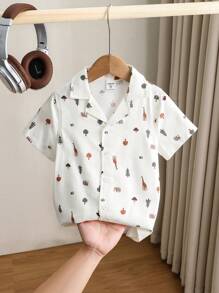 SHEIN Leap Crew Young Boy Casual Funny Cute Resort Print Woven Shirt, Suitable For Beach Vacation, Summer Play, Shopping, Suitable For School, Garden, Beach, Birthday In Spring Summer Autumn Winter - Multicolor - View 1