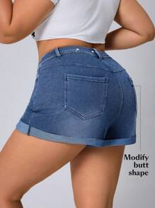 SHEIN Essnce Plus Size Women's Pocketed Cuffed Casual Versatile Denim Shorts - Blue - View 2
