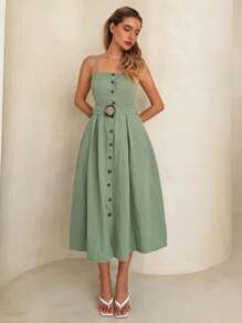 Glamine Button Front Belted Cami Dress Maxi Women Outfit - Grön - Visa 5