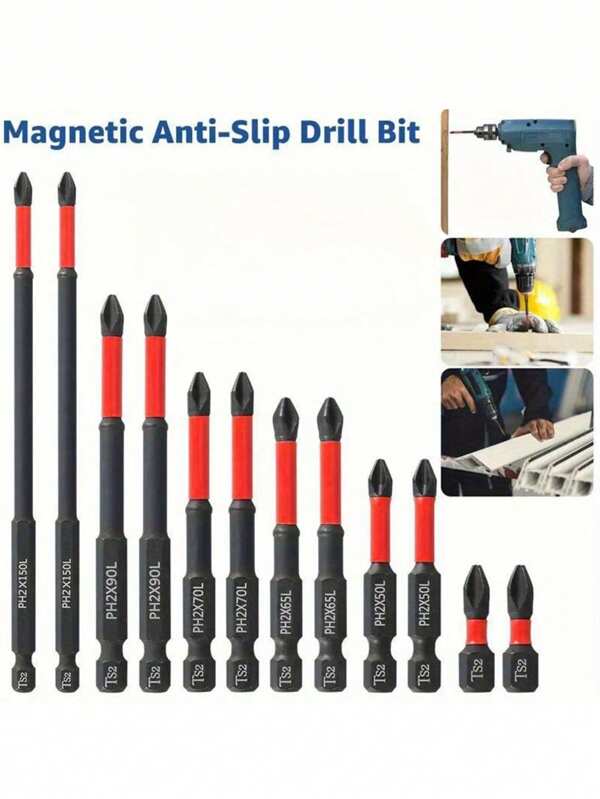 6/12 件磁性防滑钻头套装：S2 钢、十字槽钻头和冲击钻头，适用于电动和手动驱动器，防滑握把磁性钻头套装，工具配件