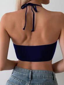 Swim Basics Women's Summer Beach Solid Halter Tie Up Sexy Bikini Top - Navy Blue - View 2