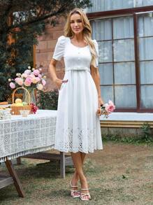 SHEIN LUNE Women's Elegant White Summer Dress Sweetheart Neck Lace Patchwork Mid-Length Dress,Graduation Church Dresses & Wedding Guest Solid Color Short Sleeve - White - View 4