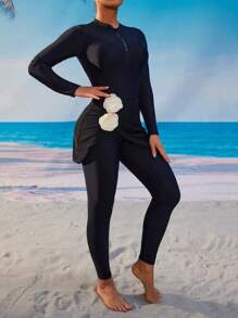 Swim Mulvari Middle Eastern Style Elegant Romantic Floral Decor Long Sleeve Full Coverage 3 PiecesBurkini Set, Including Long Dress And Pants