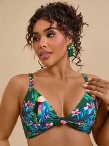 Travachic Plus Size Tropical Print Twist Front Bikini Top: Green Knitted Fabric, Spaghetti Strap, Sleeveless, Casual Style For Summer
