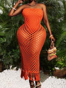 Slaydiva 2025 Novos feriados férias casual minimalista vazado sem mangas macacão - bainha franjada vestido longo de malha versão A - Laranja - Ver 4