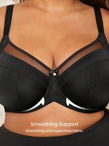 LUVLETTE Plus Curvy Lingerie Black Unlined Full Coverage Side Support Mesh Sheer Airy Basic Breezy Comfort Minimizer Bra - Black - View 3