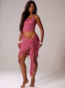 MUSERA Sparkle Knit Wrap Tie Sarong Mini Skirt Bottom Only Cover Up Ibiza Sexy Vacation Spring Summer Festival Rave Swim Beach Tequila Sunrise, Beach Club Holiday - Hot Pink - View 2