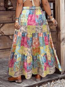 SHEIN LUNE Plus Size Women Western Style Boho Holiday Music Festival Patchwork Printed Pleated A-Line Skirt With Tassel Belt - Green - View 2